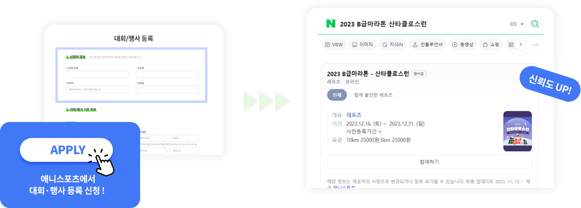 애니스포츠에서 대회·행사 등록 신청! 신뢰도 UP!